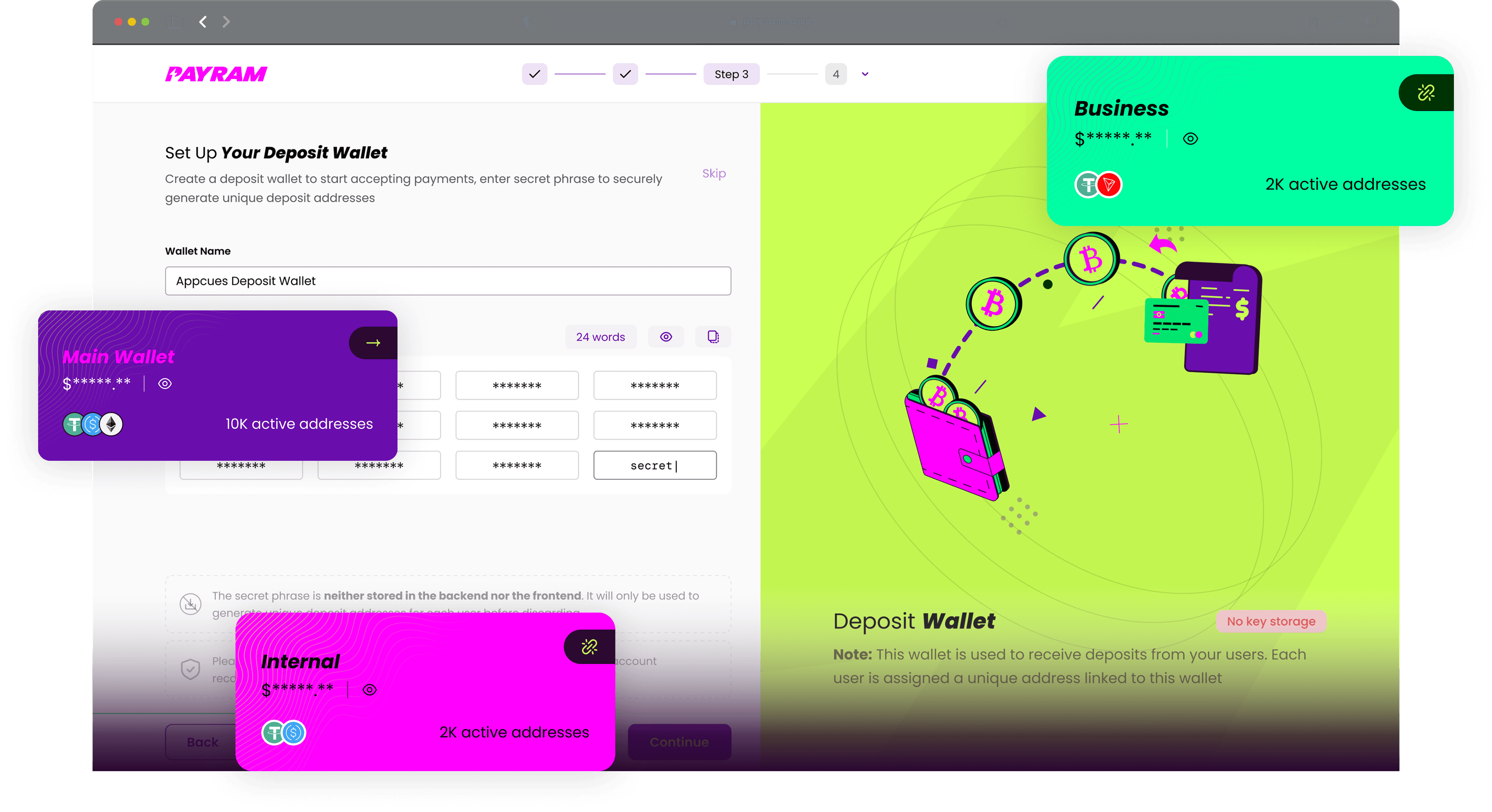 PayRam unified wallet dashboard consolidating multiple crypto funds for instant settlement