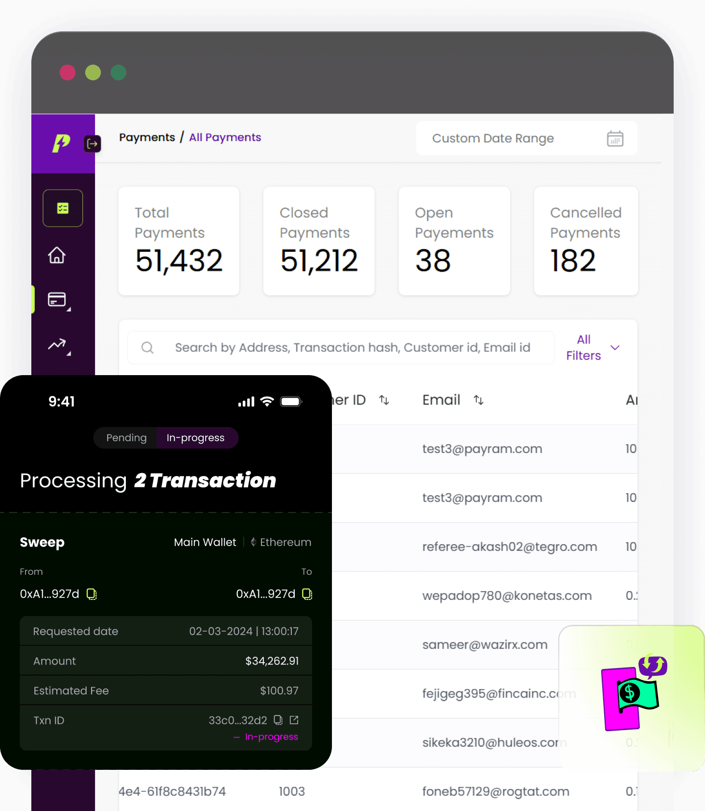 PayRam mobile view — automated settlements